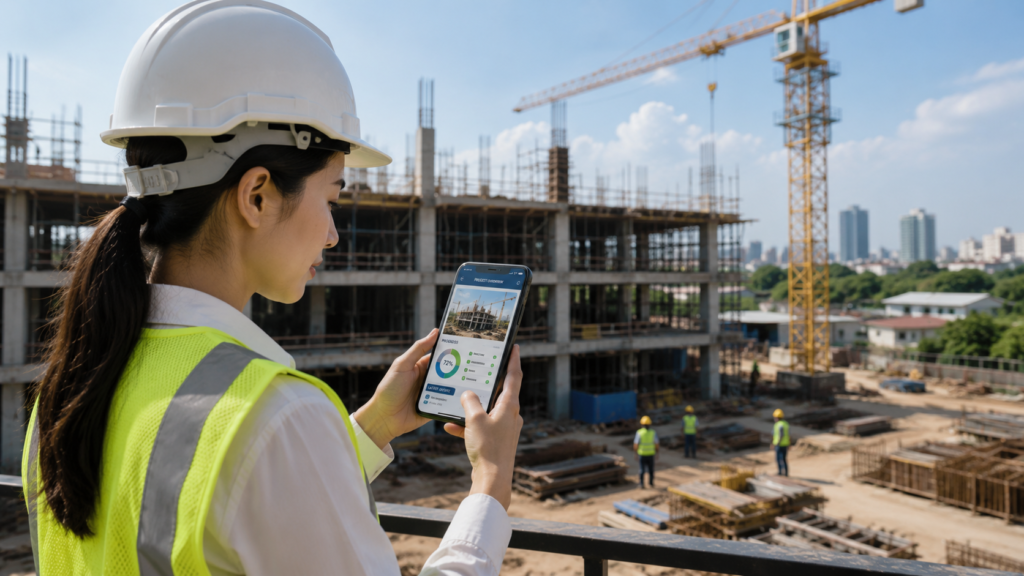 Klien memantau proyek dari kontraktor Solo modern melalui smartphone